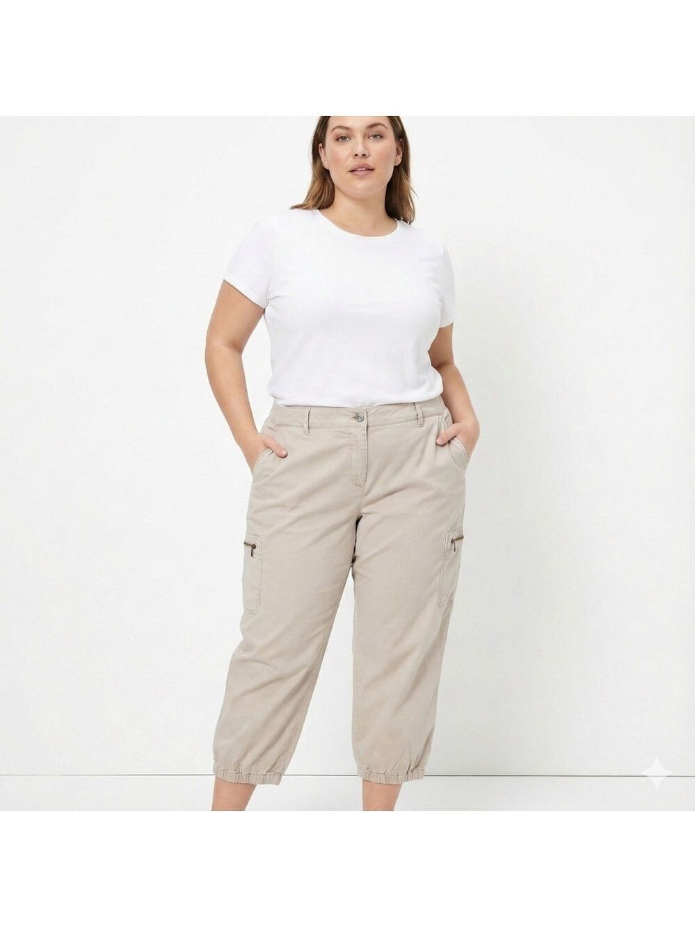 EILEEN FISHER Woman Cotton Blend Khaki Cropped Cargo Pants Multi Pocket US Sz 2X